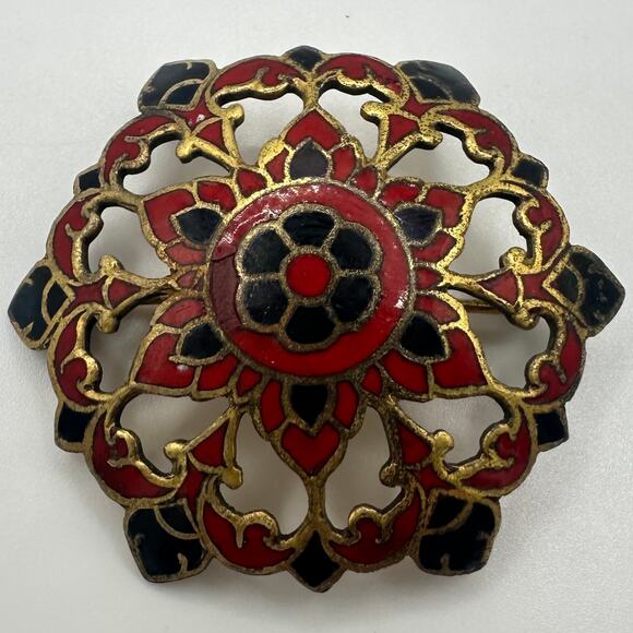 Antique 1890s Victorian French red black champlevé enamel openwork brass brooch - Picture 1 of 9